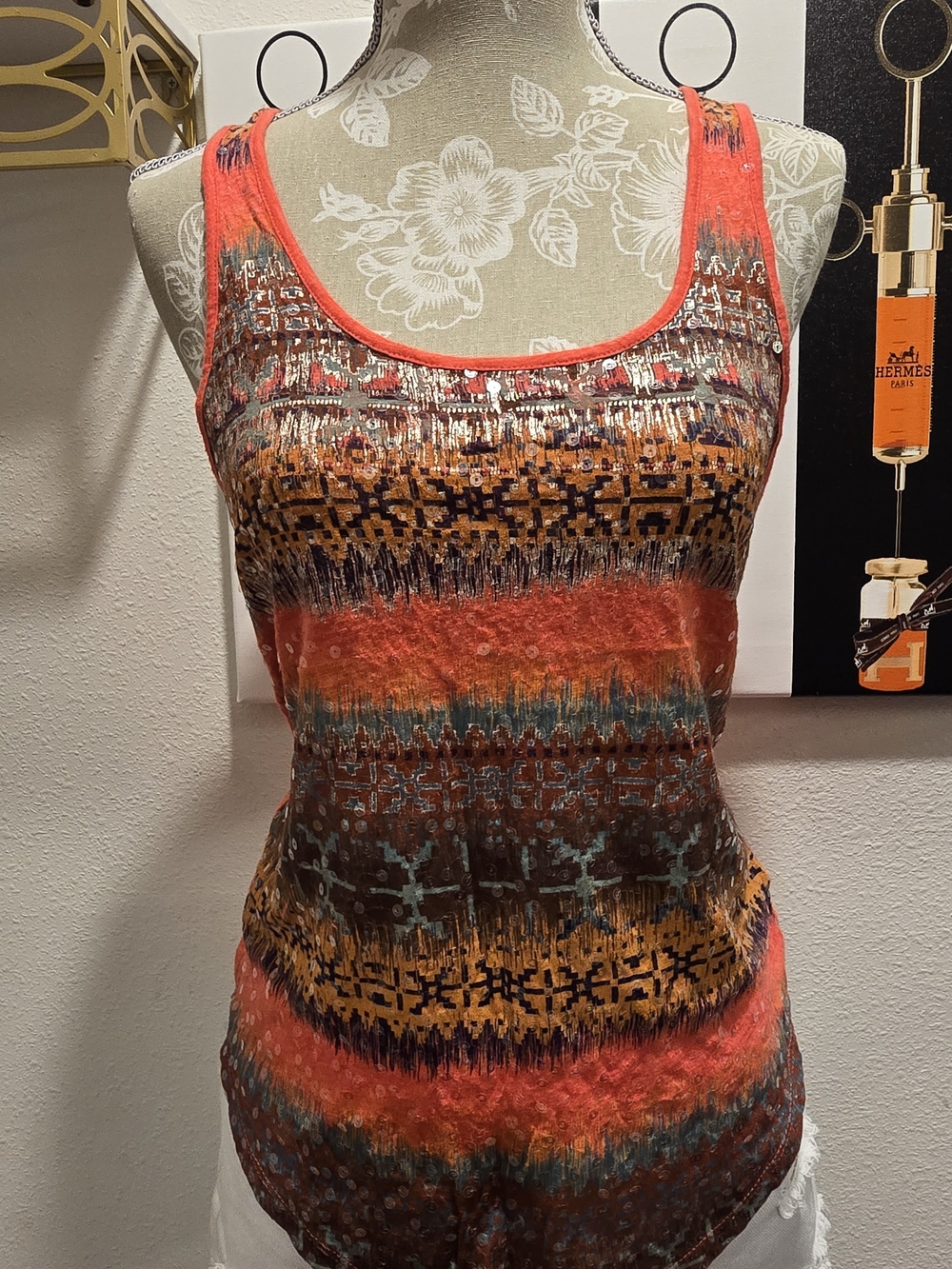 Express Sequin Orange Multicolor Patterned Tank